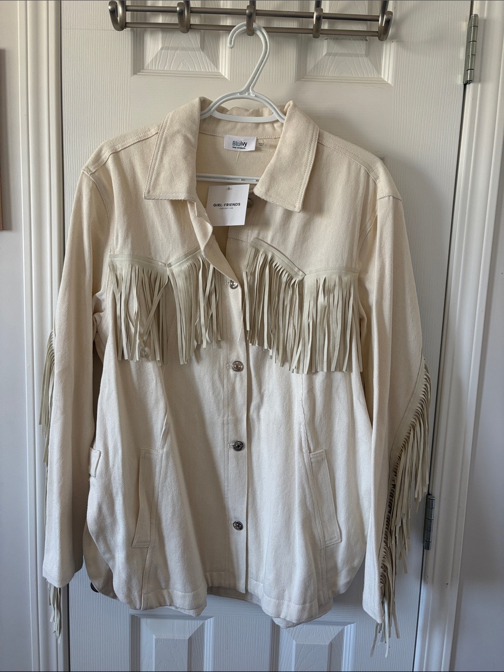 Bluivy Cream Fringe Button-Front Jean Jacket